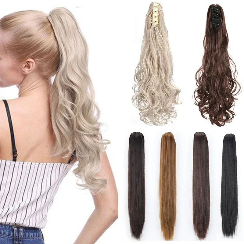 

24inch Claw Clip Ponytail Long Wavy Pony Tail Hair Extension Synthetic Blonde Natural False Tail Hair Hairpiece for Women