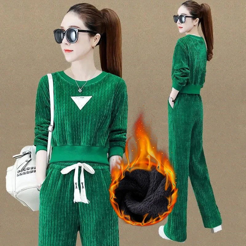 

Casual Pullover 2 Pieces Sets Plush Thick Short O-neck Tops Fall Baggy High Waist Wide Leg Pant Suits Solid Color Warm Ensemble