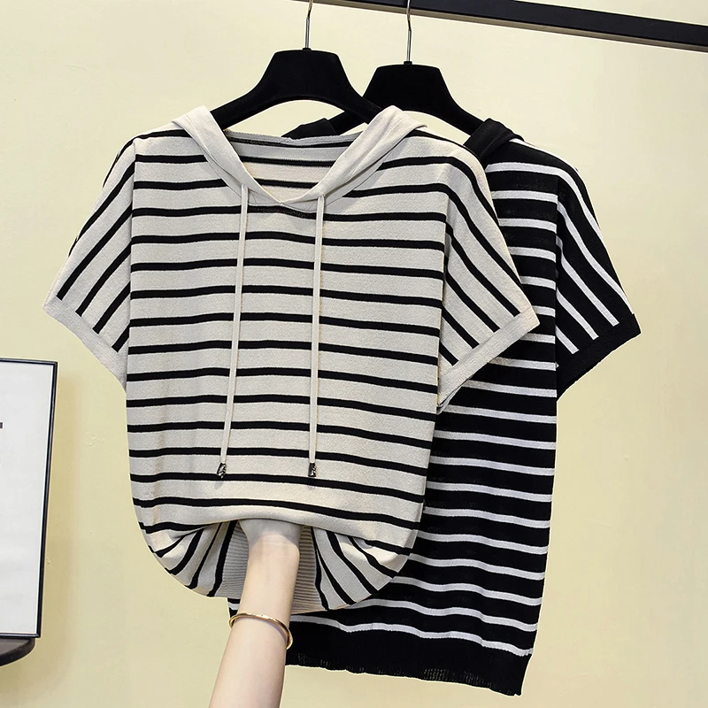 Striped Knitted Stylish Sweater Tshirt Women's Tops Pullovers 2023 Summer Short Sleeve Hooded Collar Single-breasted Knitwears
Striped Knitted Stylish Sweater Tshirt Women's Tops Pullovers 2023 Summer Short Sleeve Hooded Collar Single-breasted Knitwears