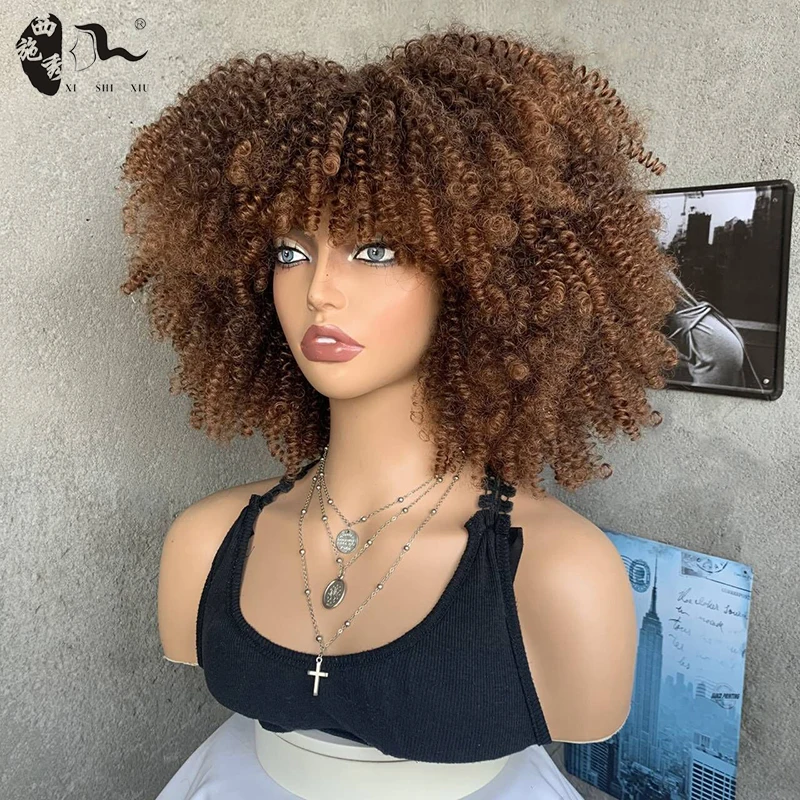 

Short Afro Curly Wig With Bangs For Black Women Bomb Afro Kinky Curly Hair Synthetic Heat Resistant Fiber Cosplay Halloween Wigs