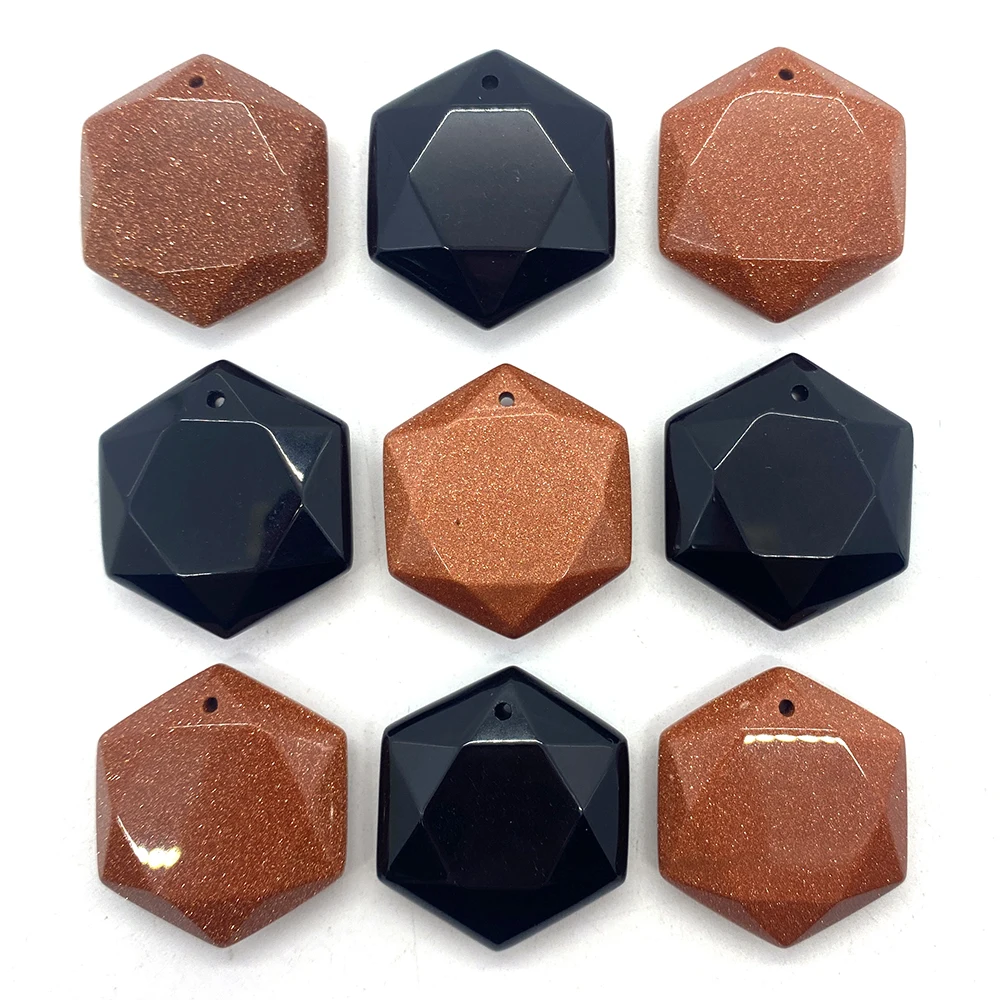 

Exquisite Natural Gemstone Hexagon Faceted Pendant Chain Necklace Sandstone Blue Sandstone Bead Necklace DIY Accessories 28mm