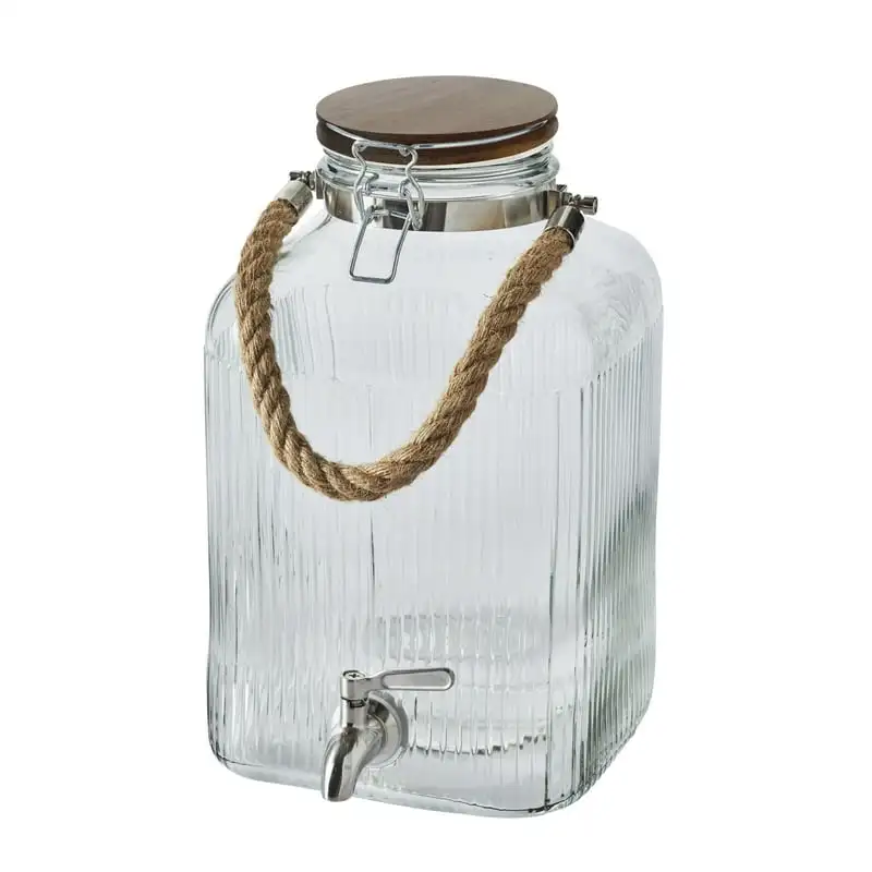 

Gallon Ribbed Clear Glass Beverage Dispenser with Acacia Wooden Lid Straw dispenser Silicone straw Pipote de vidrio Glass straw