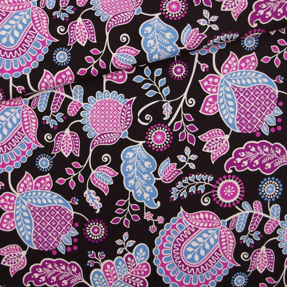 

1 Yard Cotton Woven Fabric For Cloth, Bag, Bedding,Paisley Flowers and Leaves on Black Background, Width=145cm