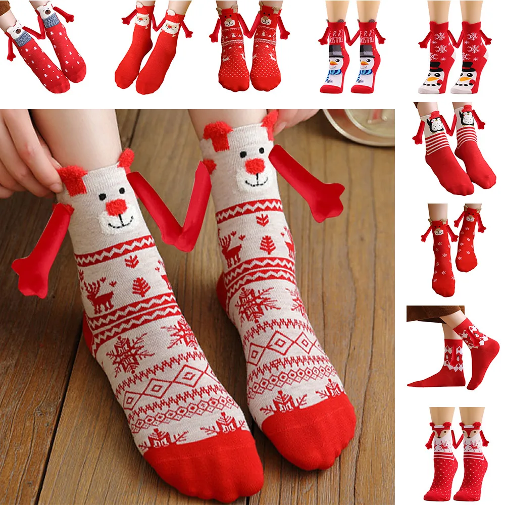 

Красные магнитные парные носки, новинка, Полиэстеровые хлопковые дышащие магнитные носки, рождественские круглые носки для женщин и мужчин