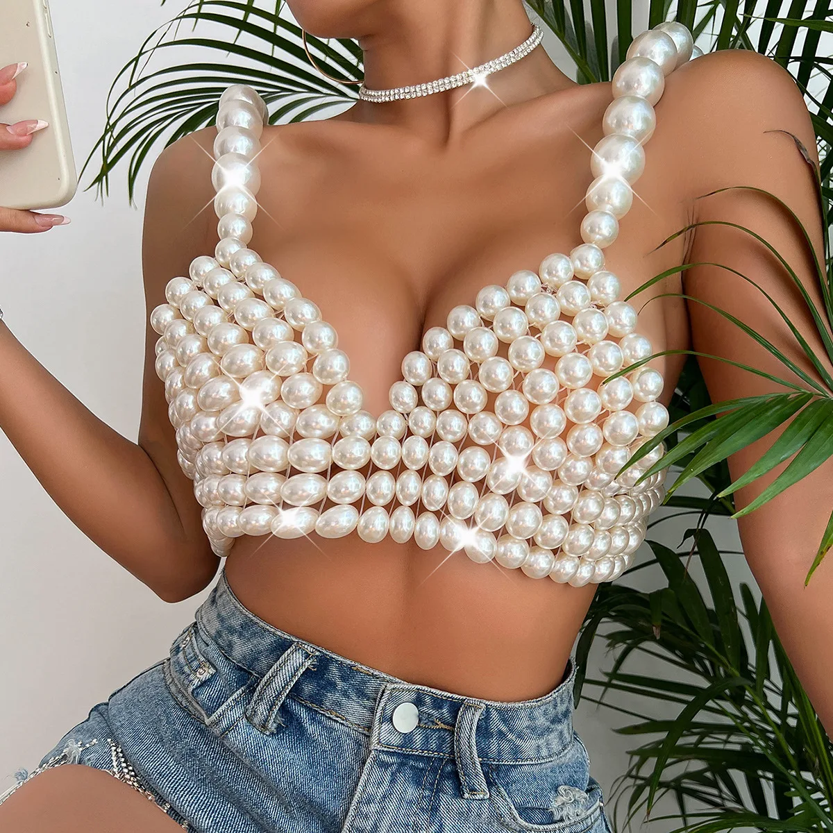 

Sexy Pearls Beaded Crop Top Bustier Corset Tank Top Club Party Cage Bra Pearls Beaded Camisole Bra Cover Ups Party Streetwear