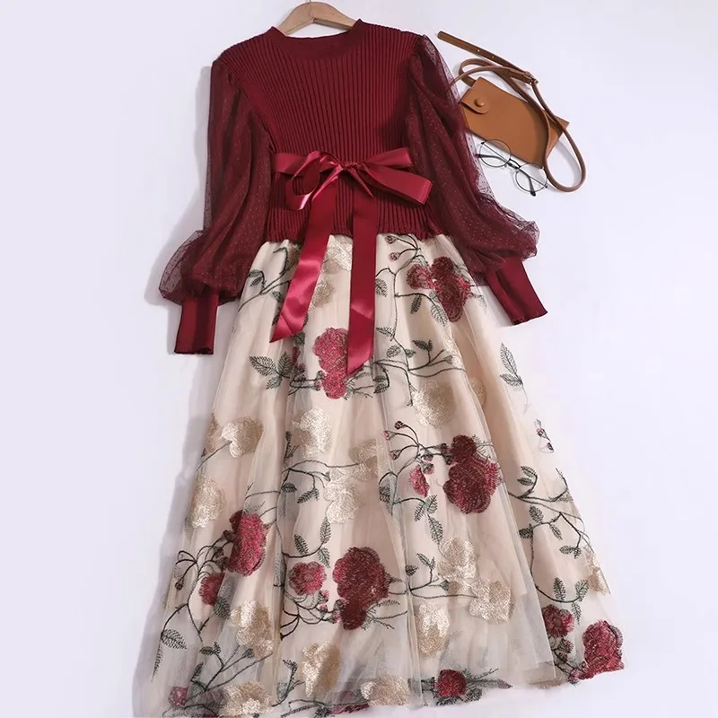 New Autumn High Quality Mesh Patchwork Retro Sweater Dresses For Women Knitted Long Sleeve Floral Embroidery Elegant Long Dress
New Autumn High Quality Mesh Patchwork Retro Sweater Dresses For Women Knitted Long Sleeve Floral Embroidery Elegant Long Dress