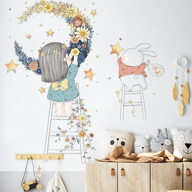 Star Garland Wall Sticker Little Girl Picking Moon Garland Wallpaper Cartoon Cute Rabbit Waterproof Vinyl Wall Stickers
Star Garland Wall Sticker Little Girl Picking Moon Garland Wallpaper Cartoon Cute Rabbit Waterproof Vinyl Wall Stickers