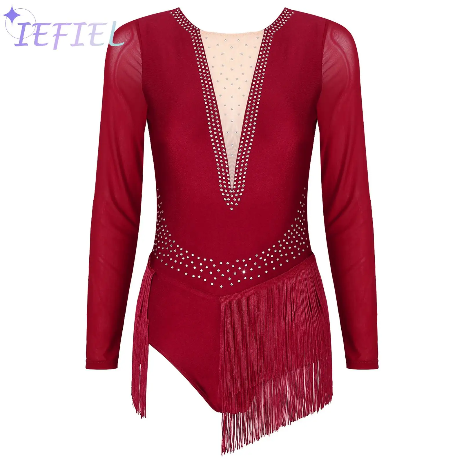 Womens Latin Figure Skating Costume Fringed Cha-Cha Samba Dance Leotard Deep V Back Sheer Mesh Long Sleeve Tassel Bodysuit
Womens Latin Figure Skating Costume Fringed Cha-Cha Samba Dance Leotard Deep V Back Sheer Mesh Long Sleeve Tassel Bodysuit