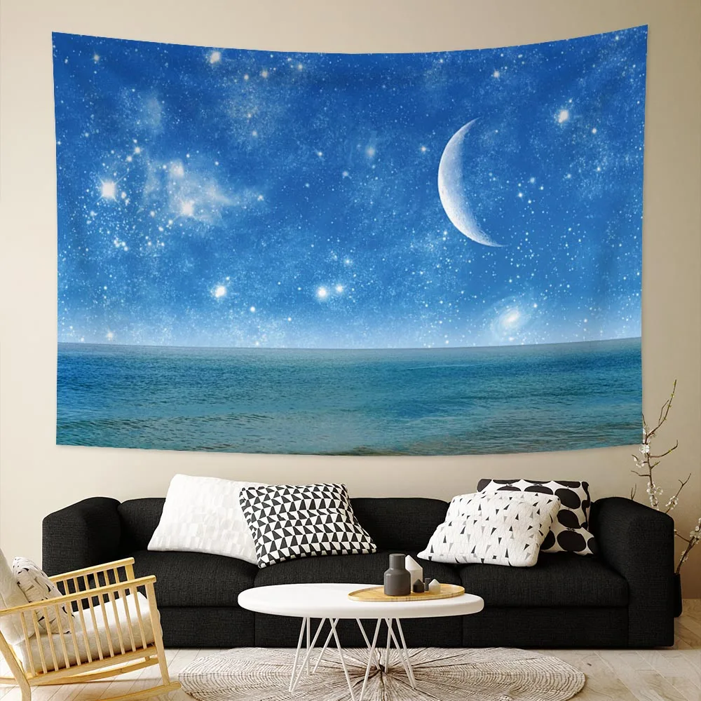 

Psychedelic Crescent Moon Wall Tapestry Fantasy Starry Sky On The Sea Print 100%Microfiber Bedroom Living Room Home Decoration