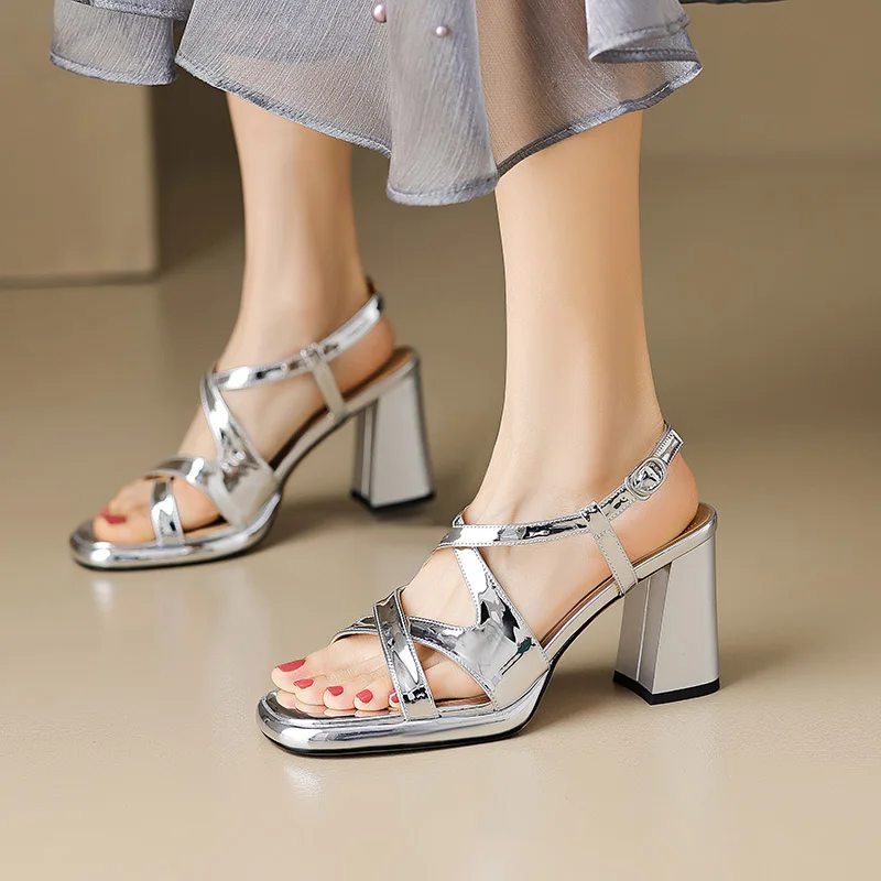 

Phoentin Summer New fashion Woman Sandals Square toe High Heels Platform Dress Party Wedding shoes Silver apricot sandal FT2691