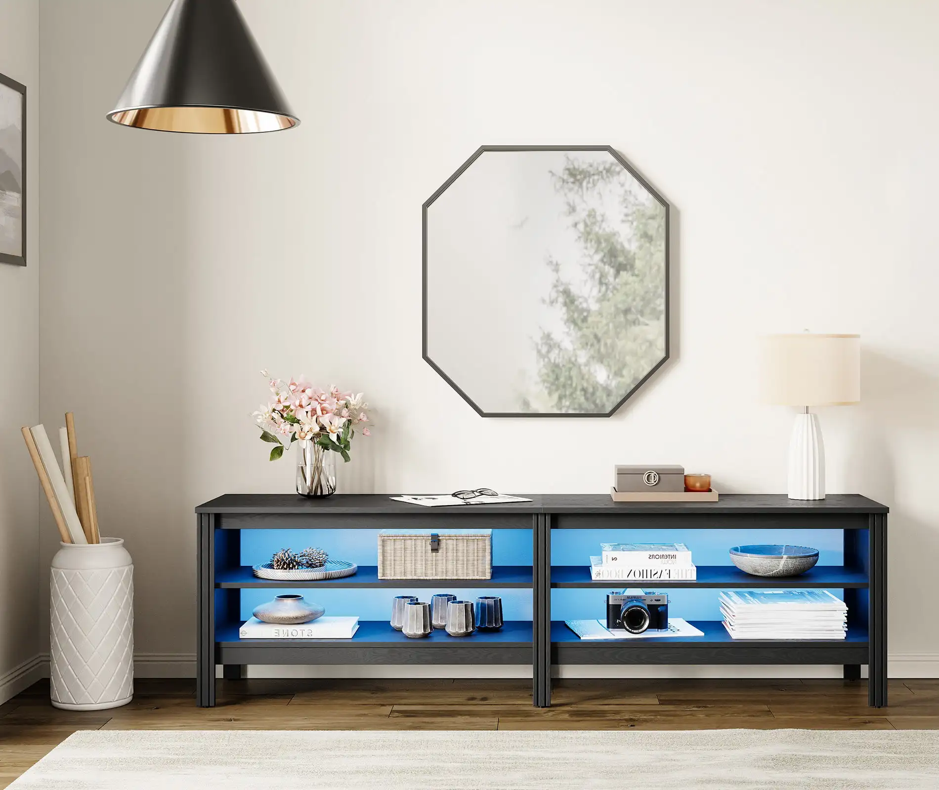 TV Stand for 75 inches Flat Screen, LED Wood Media Console Storage Cabinet with 4 Open Shelves, Black
TV Stand for 75 inches Flat Screen, LED Wood Media Console Storage Cabinet with 4 Open Shelves, Black