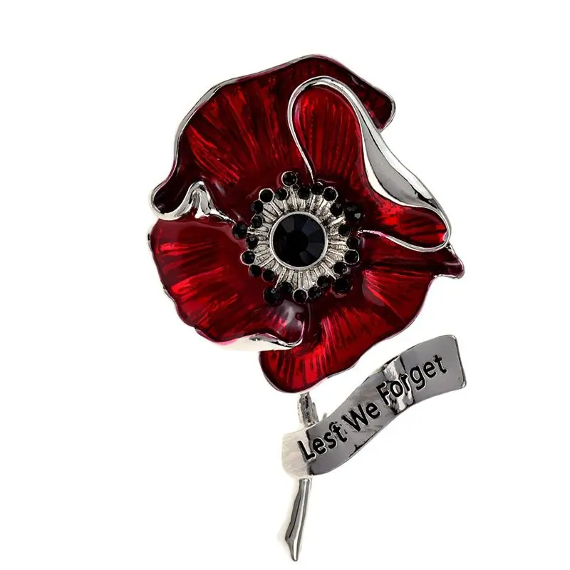 

CINDY XIANG Rhinestone Poppy Flower Brooches For Women "Lest We Forget" Letter Pin Red Enamel