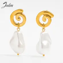 JOOLIM Jewelry High End PVD Wholesale Creative Elegant Freshwater Pearl Snail Shaped Hoop Stainless Steel Earring For Women