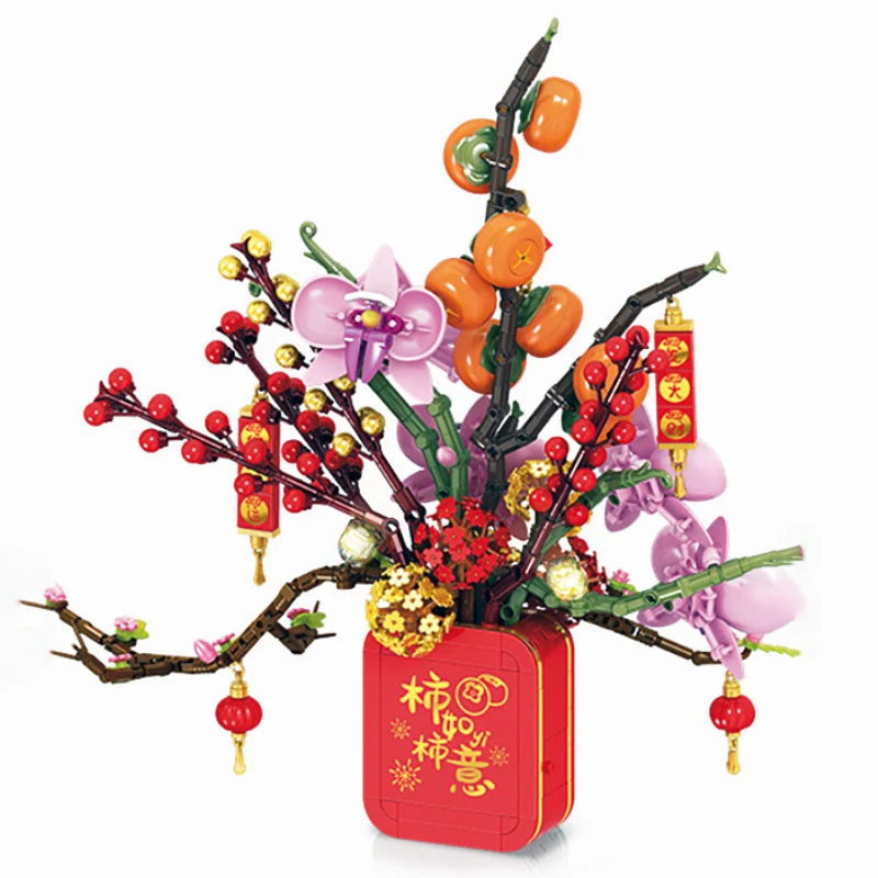 

Новогодний букет 2023, строительный блок для музыкальной шкатулки, китайское украшение для весеннего фестиваля, цветы, оранжевое дерево, Новогодний подарок