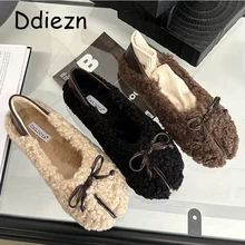 Wool Lamb Women Mary Janes Slip-On Flat Butterfly Knot Footwear Autumn Square Toe Shoes Fashion Elegant Ladies Flats Shoes