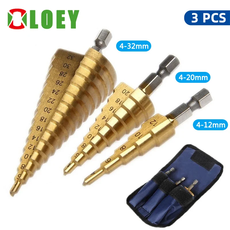 Step Drill Bit 3-12mm 4-12mm 4-20mm 4-32mm HSS Straight Groove Titanium Coated Wood Metal Hole Cutter Core Drilling Tools Set
Step Drill Bit 3-12mm 4-12mm 4-20mm 4-32mm HSS Straight Groove Titanium Coated Wood Metal Hole Cutter Core Drilling Tools Set