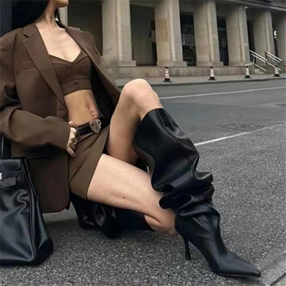 

2023 Autumn/Winter New Fashion Women's High Stiletto Heel Pointed Toe Slip On Knee high Boots Catwalk shows Big Size Pile Boots