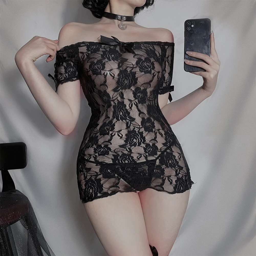 Women Sexy Off Shoulder Lace Lingerie Sheer See Through Sleepwear Short Dress Perspective Buttocks Hollowed Out Ladies Nightgown
Women Sexy Off Shoulder Lace Lingerie Sheer See Through Sleepwear Short Dress Perspective Buttocks Hollowed Out Ladies Nightgown