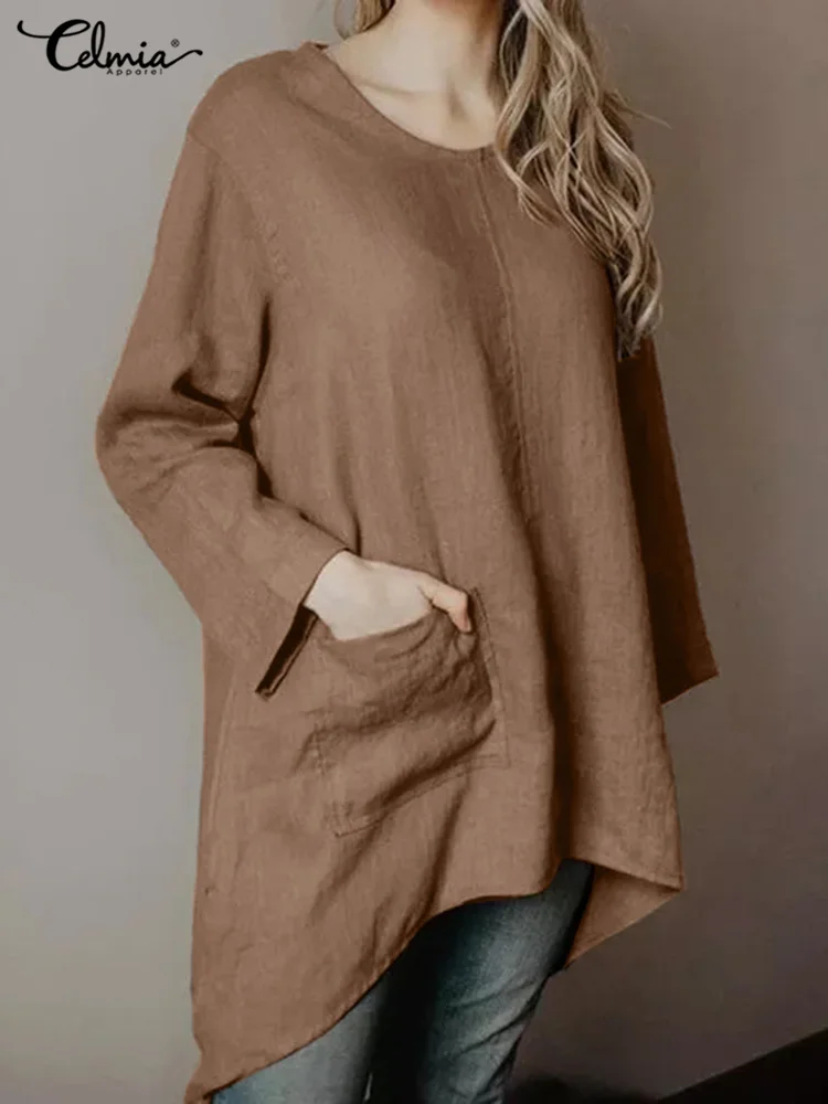 

Celmia 2023 New Asymmetrical Hem Blusas Vintage Long Sleeve Baggy Solid Long Blouses O-neck Casual Women Cotton Linen Tunic Tops