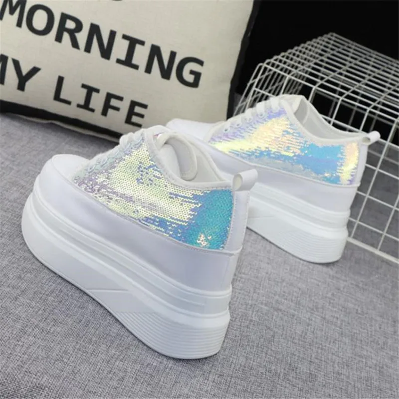 

2022 Women's Sneakers Spring Sequined Casual Shoes Women Platform Heels Wedges Height Increasing Vulcanized Shoes