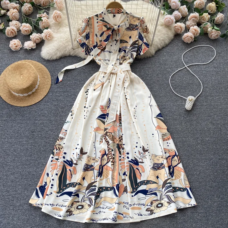 

Banulin Designer Fashion Runway Beach Long Dress Women's Bow Neck Bat Sleeve Floral Print Holiday Sashes Pleated Party Vestidos