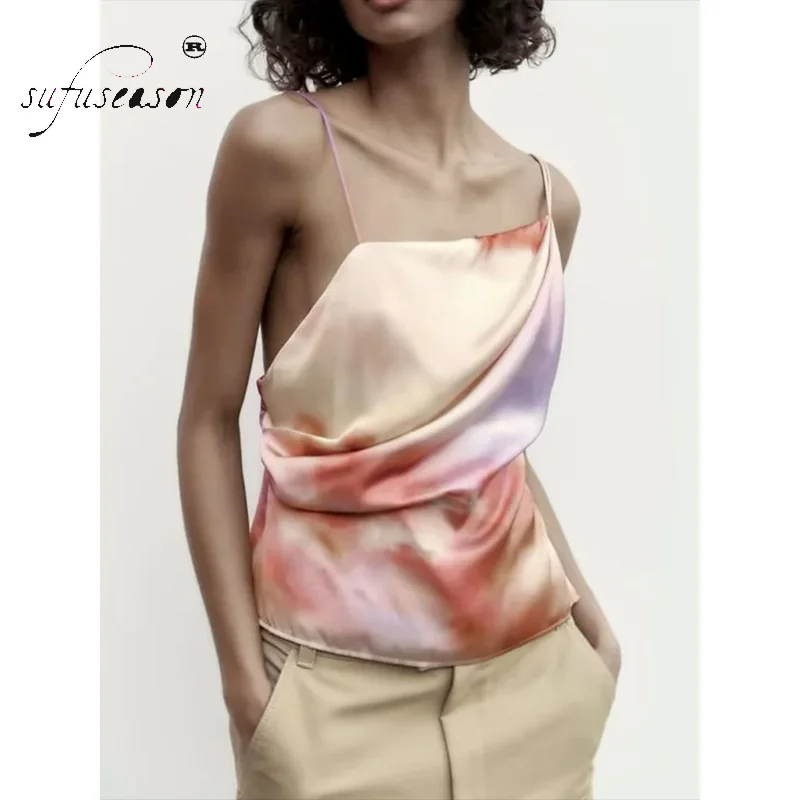 2023 Summer Sexy Women Satin Camis Tie Dye Print With Ruched Asymmetric Thin Staps Backless Sleeveless Slim Female Crop Top Traf
2023 Summer Sexy Women Satin Camis Tie Dye Print With Ruched Asymmetric Thin Staps Backless Sleeveless Slim Female Crop Top Traf