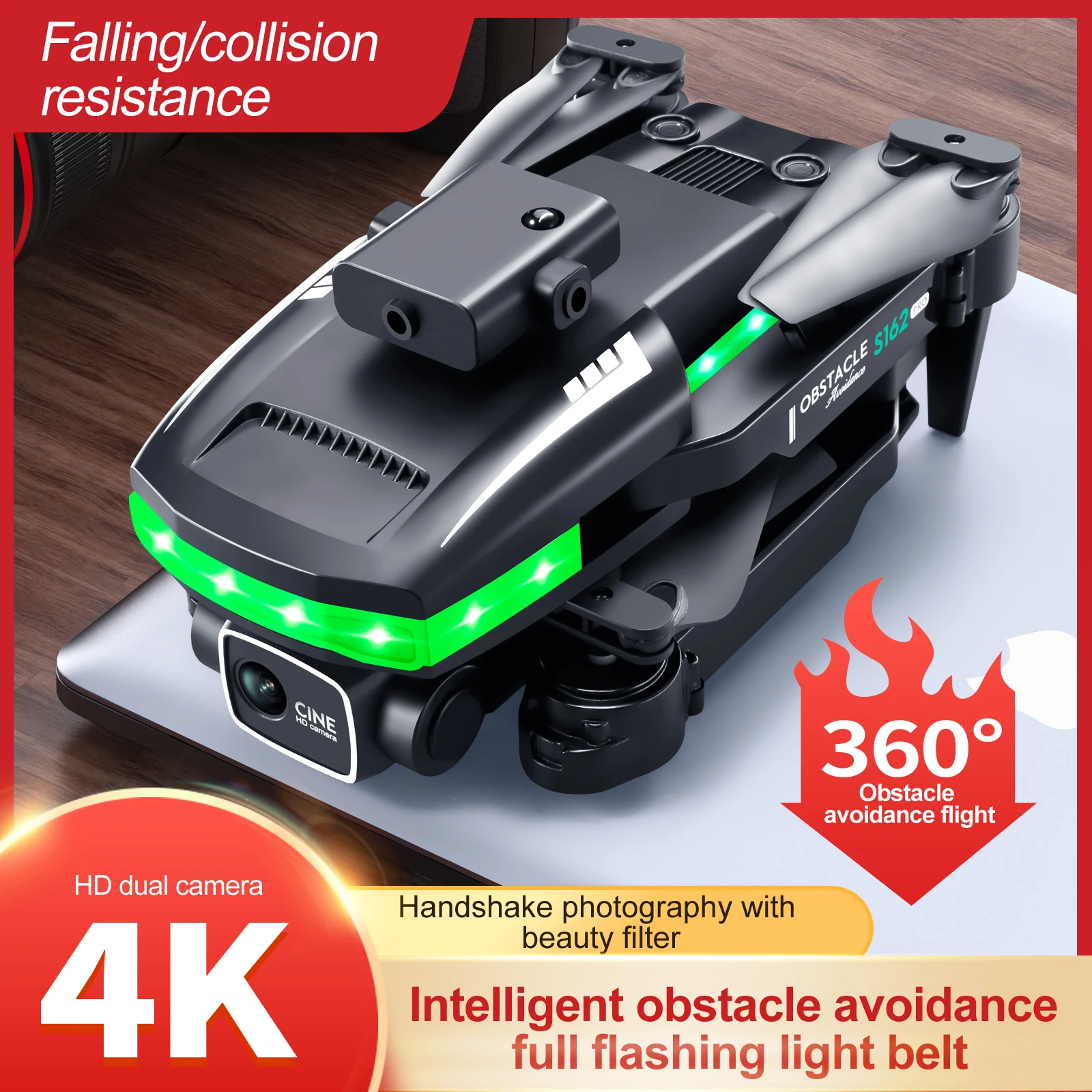 

New S162 Drone 4K Dual Camera 2.4G WIFI FPV Colorful Lighting 360° Obstacle Avoidance Folding Quadcopter Remote Control Aircraft