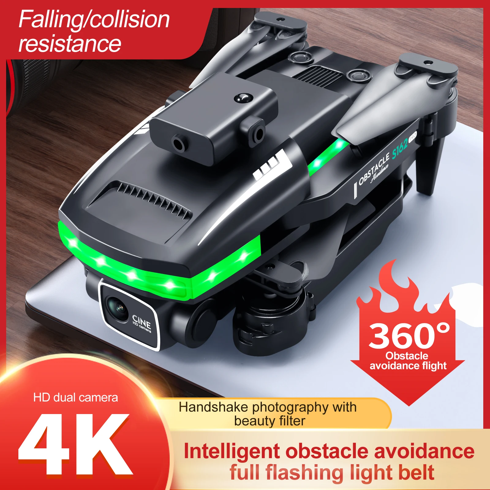 New S162 Drone 4K Dual Camera 2.4G WIFI FPV Colorful Lighting 360° Obstacle Avoidance Folding Quadcopter Remote Control Aircraft
New S162 Drone 4K Dual Camera 2.4G WIFI FPV Colorful Lighting 360° Obstacle Avoidance Folding Quadcopter Remote Control Aircraft