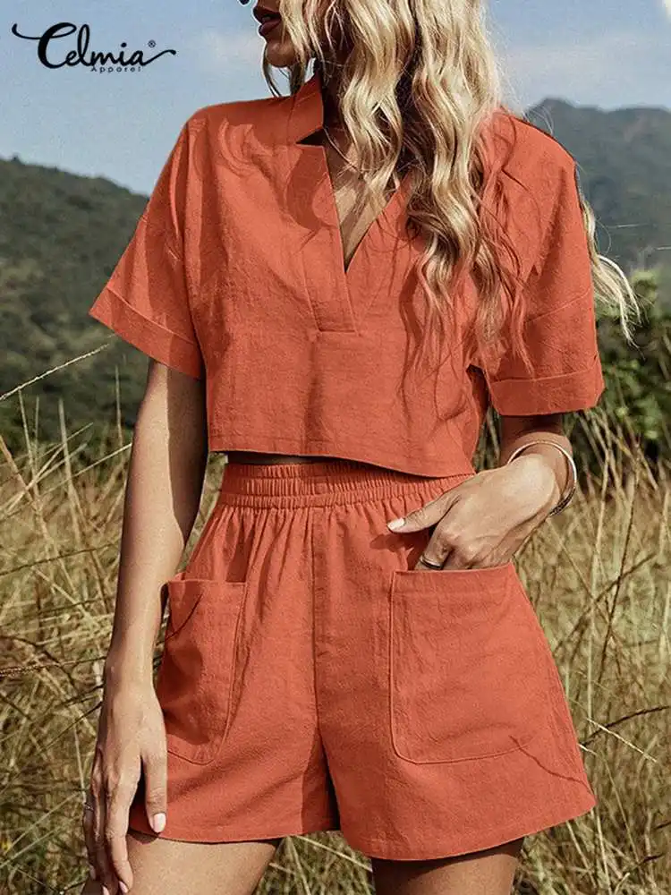 Women Short Sets Summer 2022 Celmia Fashion V Neck Short Sleeve Cropped Top and Elastic Waist Short Leisure 2 PCS Cotton Sets
Women Short Sets Summer 2022 Celmia Fashion V Neck Short Sleeve Cropped Top and Elastic Waist Short Leisure 2 PCS Cotton Sets