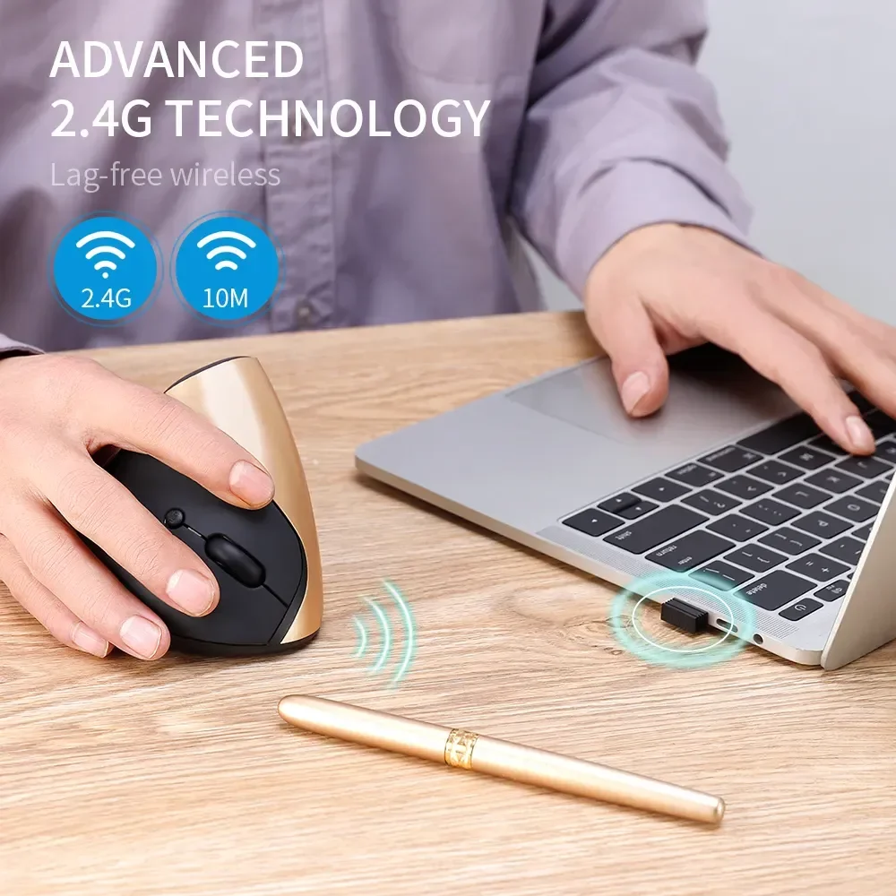 HMTX Comb Rechargeable Ergonomics Mouse 2.4G Wireless Vertical 6 Buttons 1600DPI Adjust Battery Mouse for Laptop PC Black Gold
HMTX Comb Rechargeable Ergonomics Mouse 2.4G Wireless Vertical 6 Buttons 1600DPI Adjust Battery Mouse for Laptop PC Black Gold