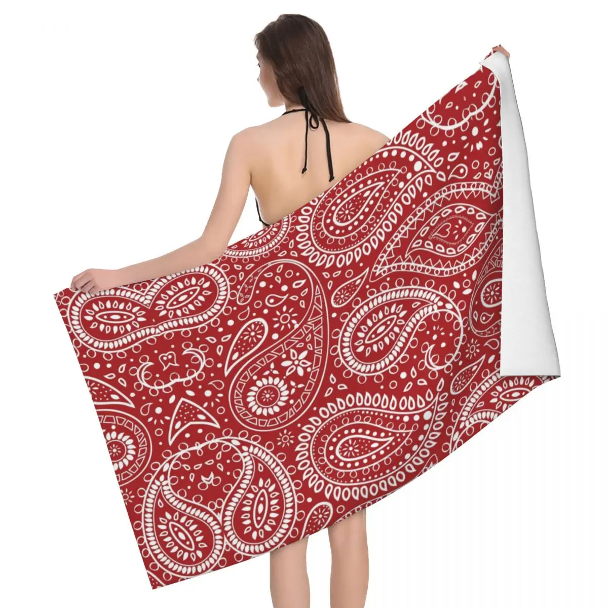 

Red And White Pretty Paisley Beach Towel Quick Drying Boho Bohemian Floral Art Soft Linen Microfiber Shower Sauna Towels
