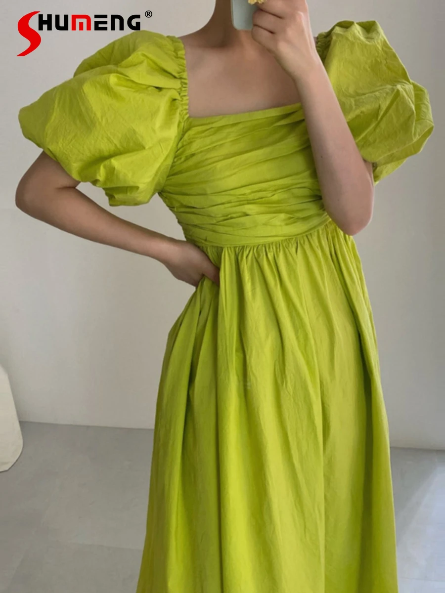 French Style Birthday Square Collar Pleated Puff Sleeve Green Dress Female 2023 Summer New Chic Woman Solid Color Midi Dresses 
French Style Birthday Square Collar Pleated Puff Sleeve Green Dress Female 2023 Summer New Chic Woman Solid Color Midi Dresses