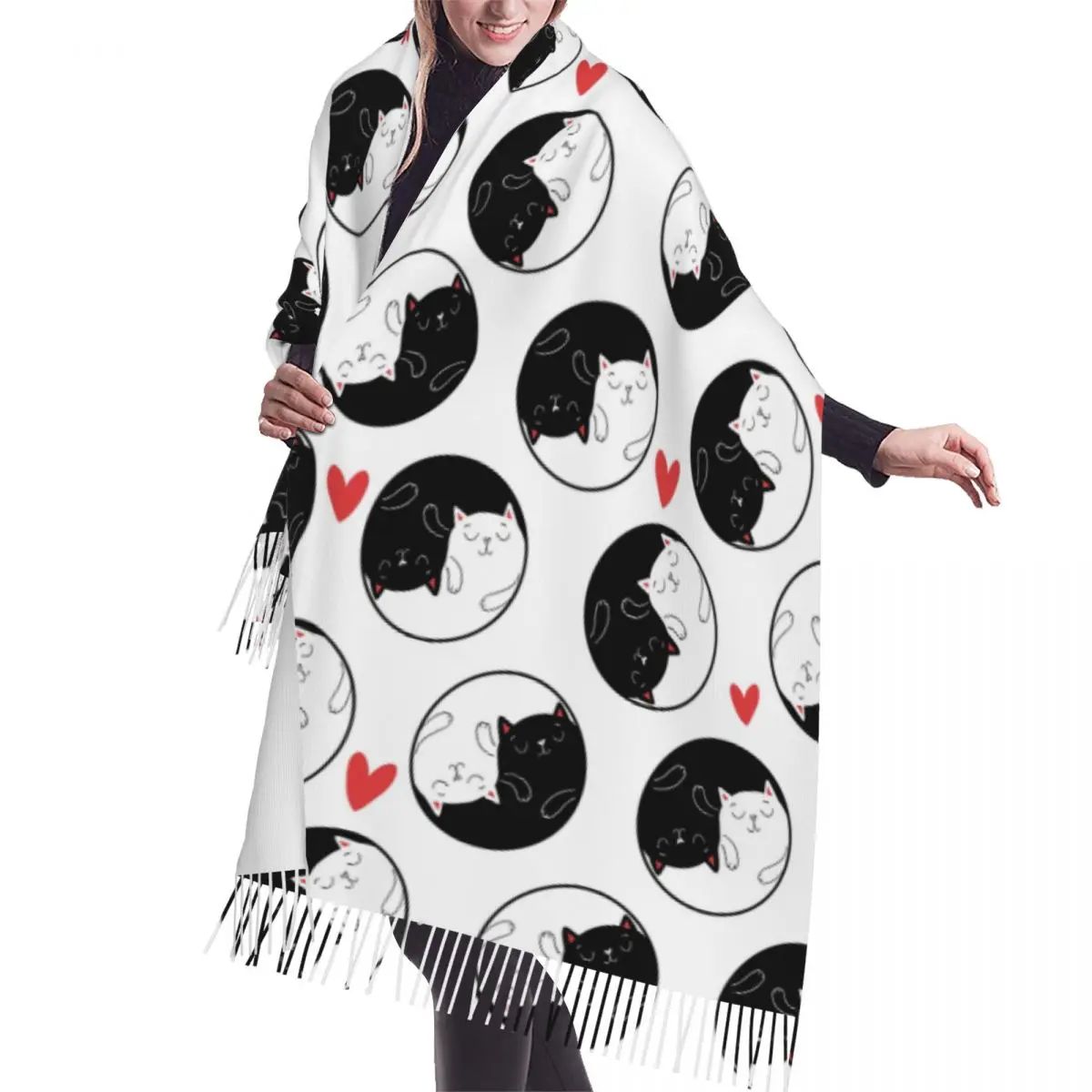 

Autumn Winter Warm Scarves Valentine's Day Yin Yang White Black Cats Hearts Shawl Tassel Scarves Wrap Neck Headband Hijabs Stole