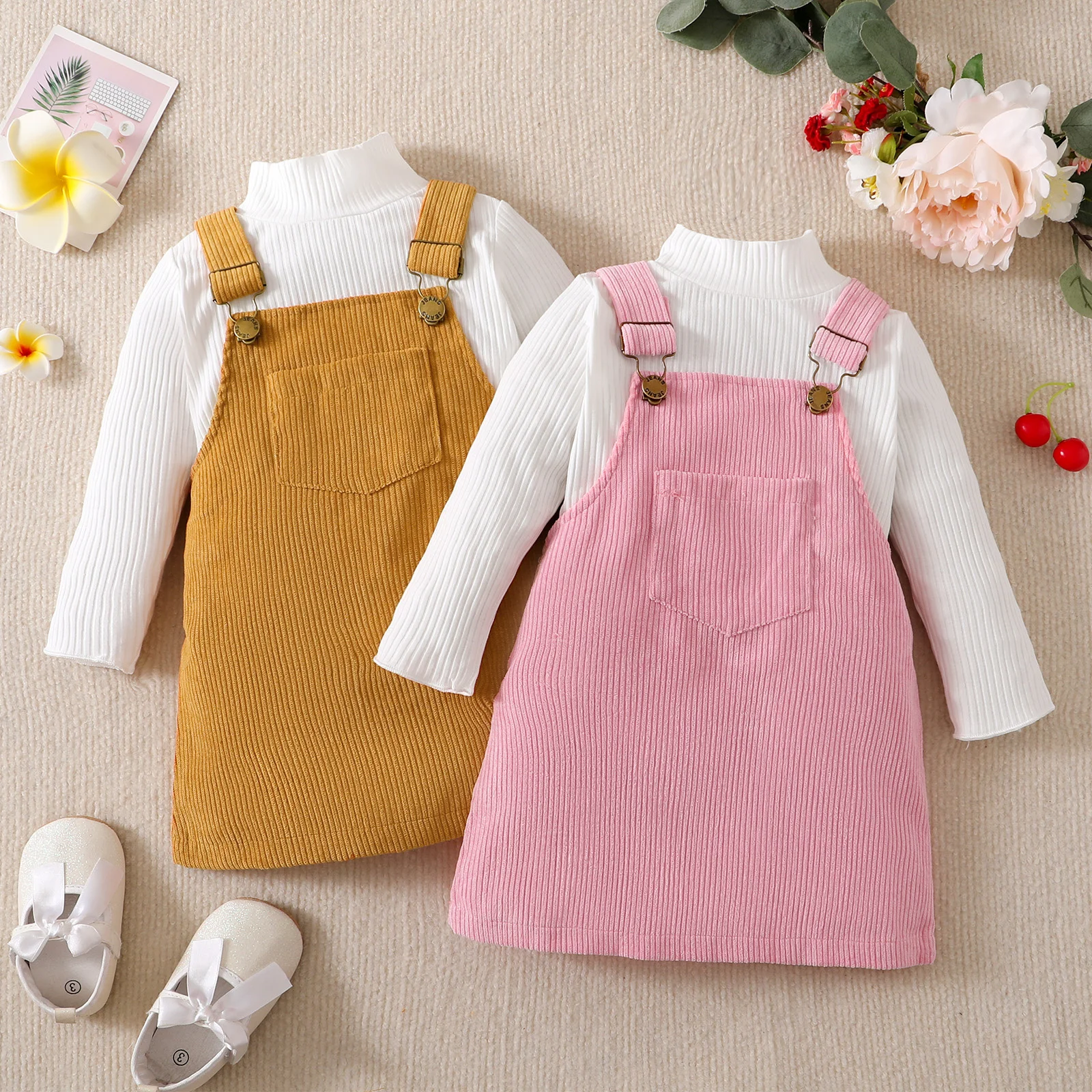 

Infant Kids Baby Girls Suspender Skirt Suit Rib Long Sleeve Turtleneck Bottoming Tops + Pocket Decorative Bib Skirt 1-5t