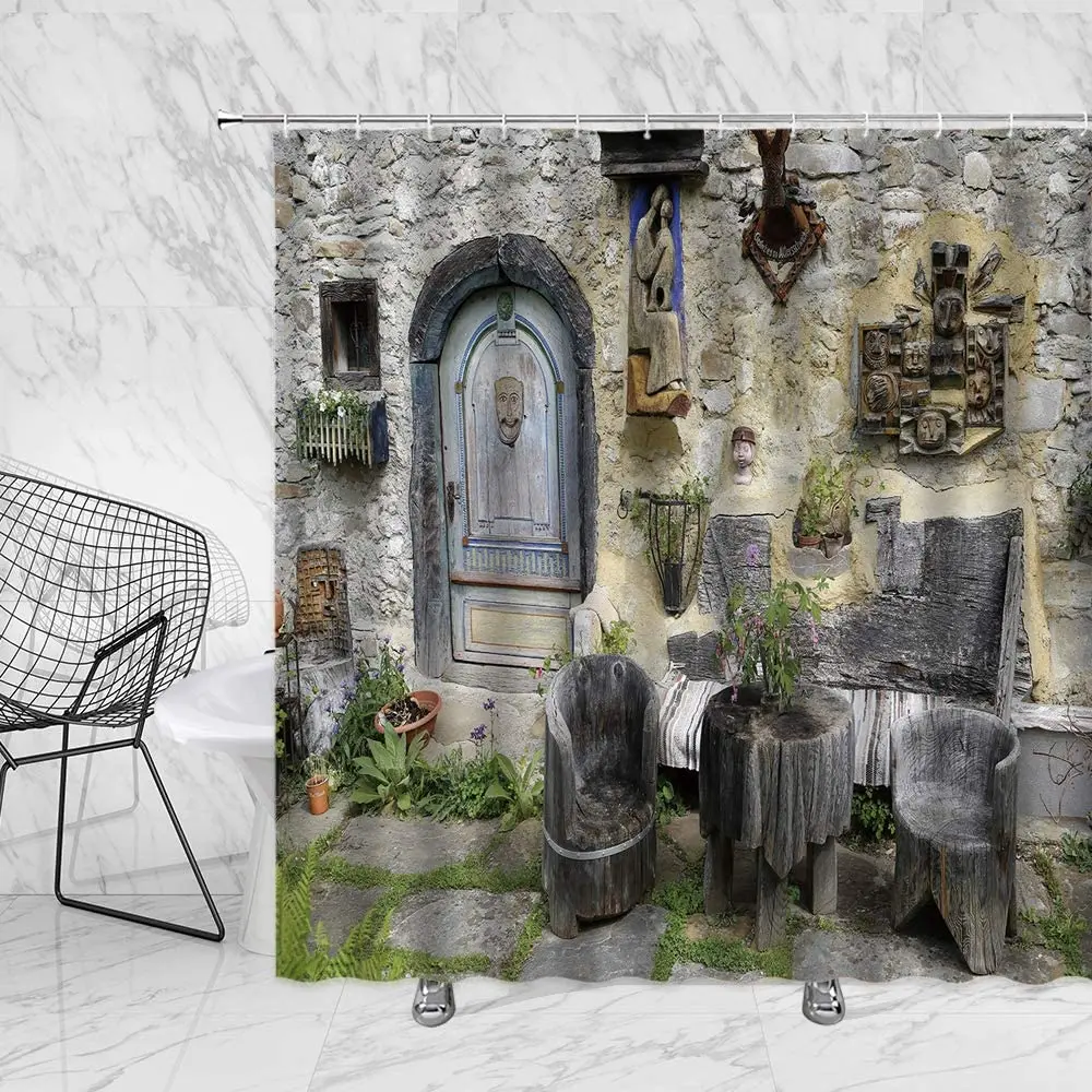 

Итальянские занавески для душа, городской деревенский камень, деревенский деревянный стол, стул с растениями, Европейский Старый двор, ткань, декор для ванной комнаты, крючки