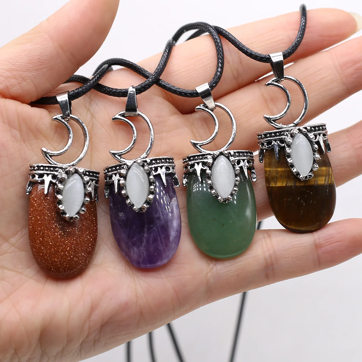 

Natural Stone Reiki Healing Opal Amethysts Agate Green Aventurine Moon Shape Pendant Necklace For Women And Men Jewelry Gift