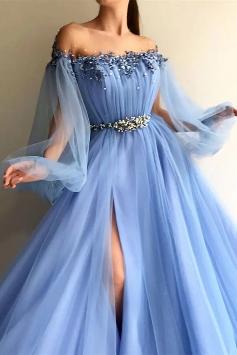 Blue Elegant Off-The-Shoulder Prom Dresses Beaded Sashes Floral Appliques Long Puff Sleeves Evening Gown Custom Robes De Soirée
Blue Elegant Off-The-Shoulder Prom Dresses Beaded Sashes Floral Appliques Long Puff Sleeves Evening Gown Custom Robes De Soirée
