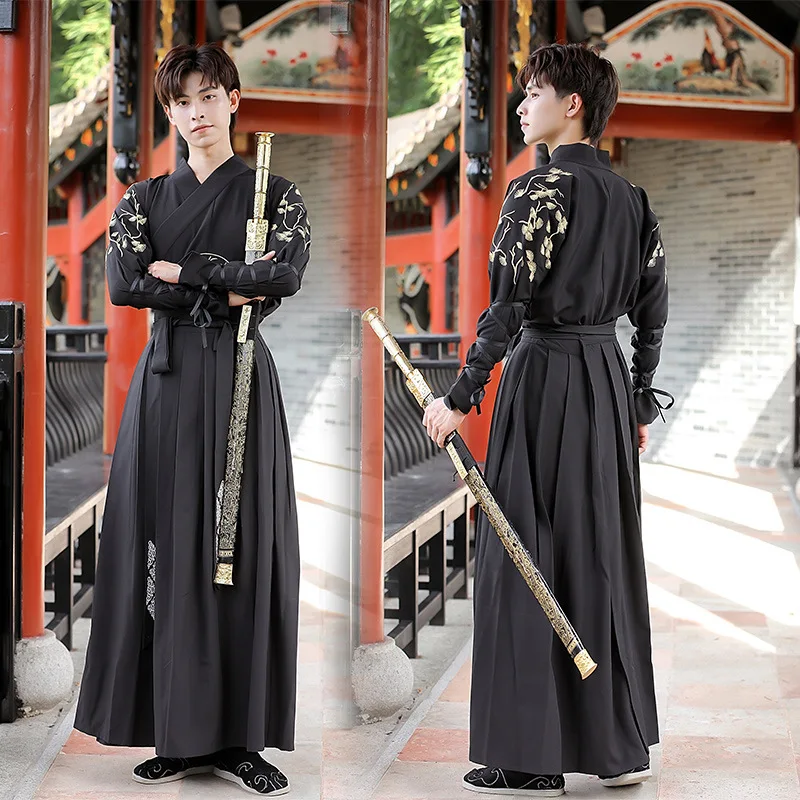 

Chinese Traditional Hanfu Dress Men Ancient Black Embroidery Hanfu Han Dynasty Swordsman Cosplay Costume Carnival Party Dress