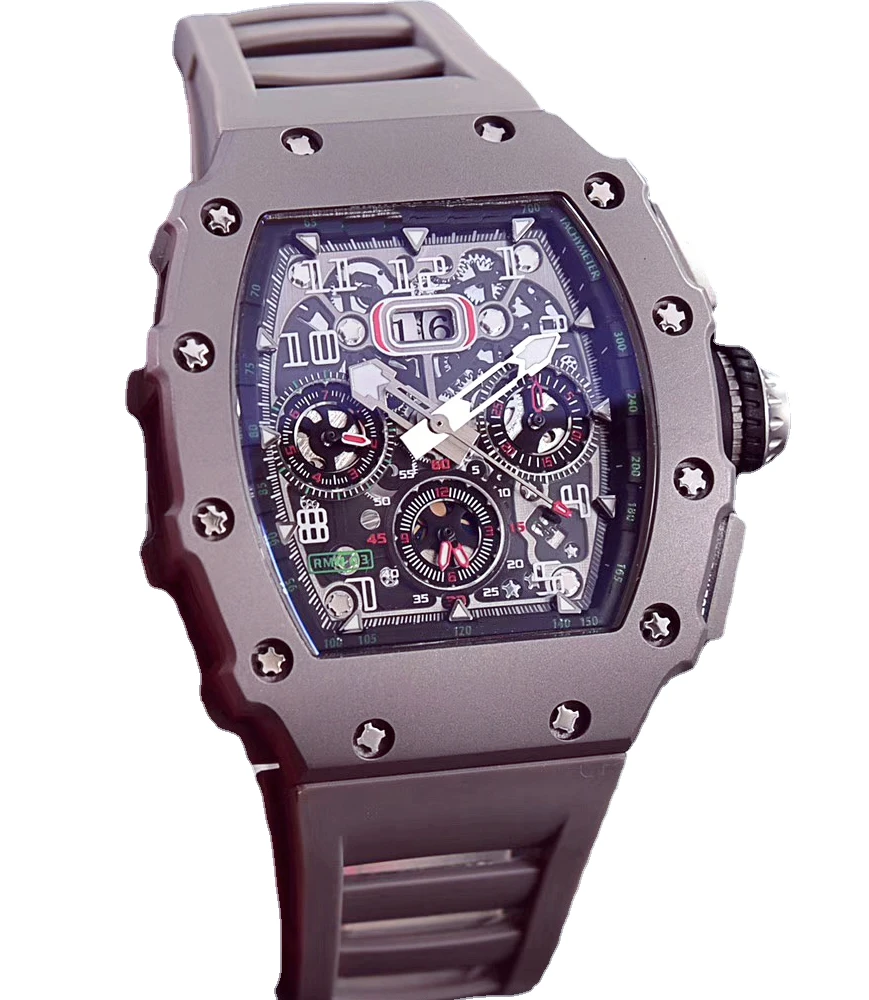Men Watch Automatic Mechanical Tourbillion Titanium Black Grey Rubber