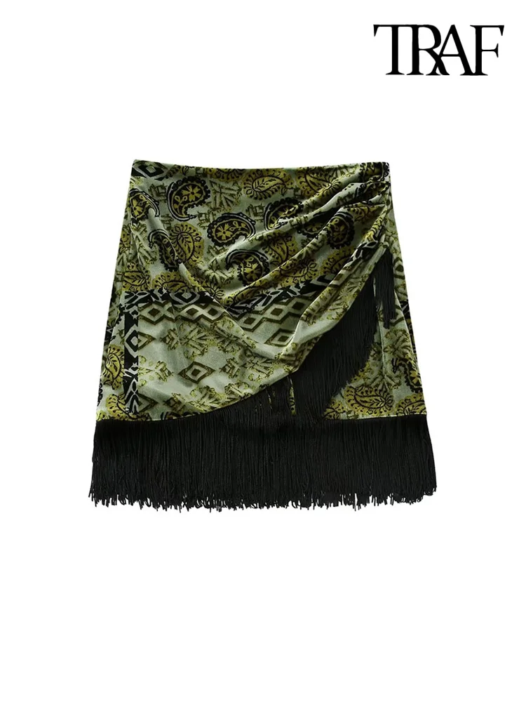 TRAF Women Fashion With Fringed Printed Velvet Wrap Mini Skirt Vintage High Waist Back Zipper Female Skirts Mujer
TRAF Women Fashion With Fringed Printed Velvet Wrap Mini Skirt Vintage High Waist Back Zipper Female Skirts Mujer
