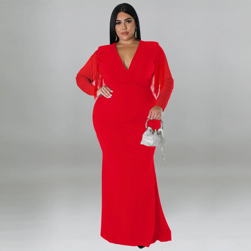 Plus Size Women's Dresses Sexy Long Sleeve Fringe Solid Color Deep V-neck Evening Dress Fashion Casual Elegant Party Dresses
Plus Size Women's Dresses Sexy Long Sleeve Fringe Solid Color Deep V-neck Evening Dress Fashion Casual Elegant Party Dresses