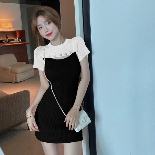 

Black Tight Low-Neck Brace Short-Sleeve Knitting Knit Camisole Dresses Summer Dress Suspenders Women Lady Cloth Falda Vestido