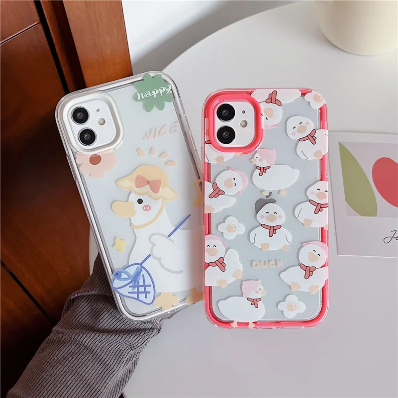

3 in 1 Cute Cartoon Duck Phone Cases For iPhone 13 12 11 Pro XS MAX XR 8 7 6S Plus Case Soft Tpu Cover PC Lens Frame