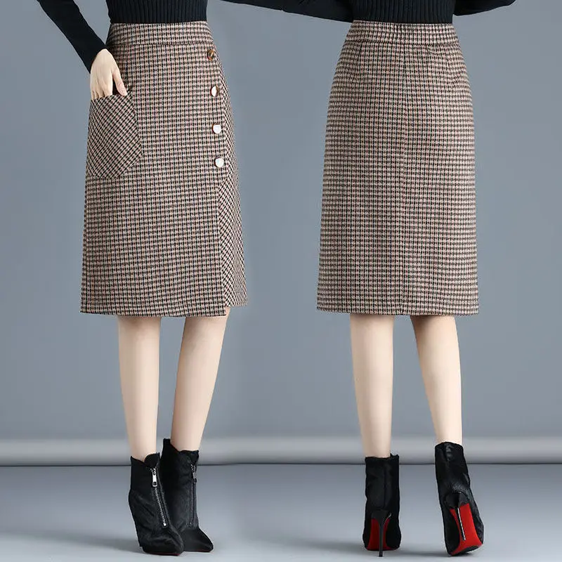 Женская клетчатая юбка с высокой талией, повседневная приталенная шерстяная юбка-карандаш на пуговицах, A168, весна-Зима 2023 
Женская клетчатая юбка с высокой талией, повседневная приталенная шерстяная юбка-карандаш на пуговицах, A168, весна-Зима 2023