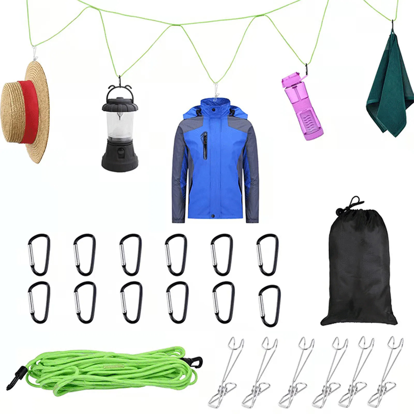Camping Hanging Kit - Clothespins Carabiner Hooks Luminous Rope & Storage Bag Outdoor Clothes Line, Suitable for Wild Adventures
Camping Hanging Kit - Clothespins Carabiner Hooks Luminous Rope & Storage Bag Outdoor Clothes Line, Suitable for Wild Adventures