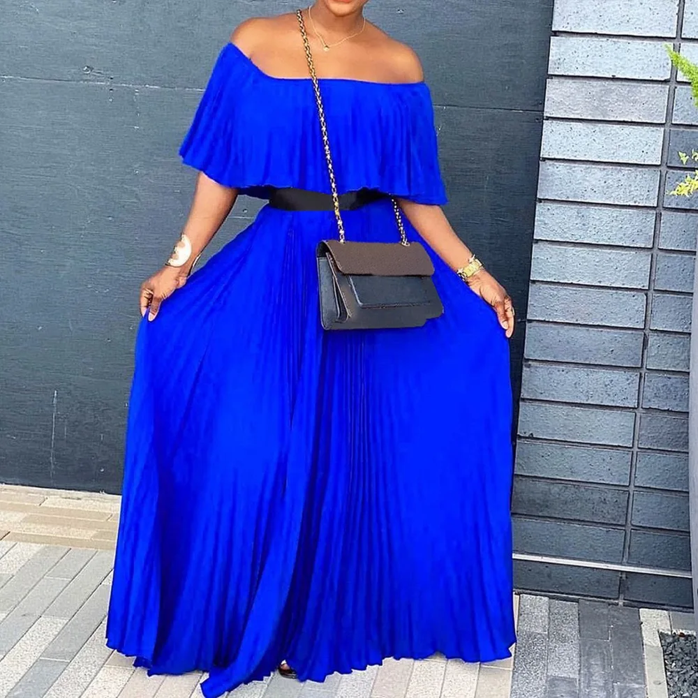 Elegant Pleated Dresses for Women Off the Shoulder High Waisted Floor Length Fashion Evening Night Party Vestidos Mujer Dress 
Elegant Pleated Dresses for Women Off the Shoulder High Waisted Floor Length Fashion Evening Night Party Vestidos Mujer Dress