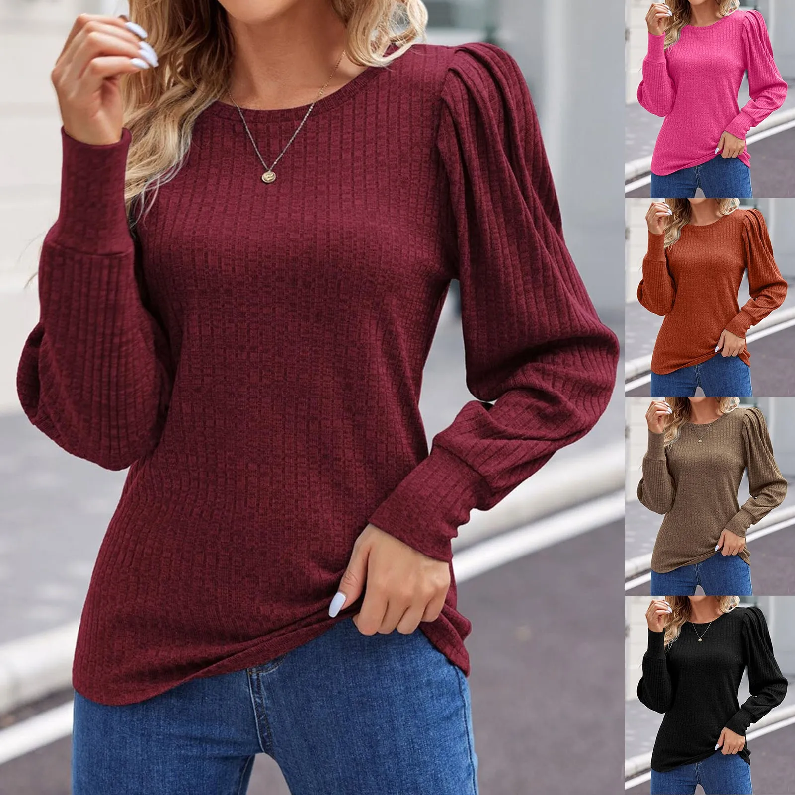 

Lightweight Ribbed Kintted Soft Sweaters Elegant Female Smocked Long Sleeve Crew Neck Warm Undershirts Winter Knitwear Jumper