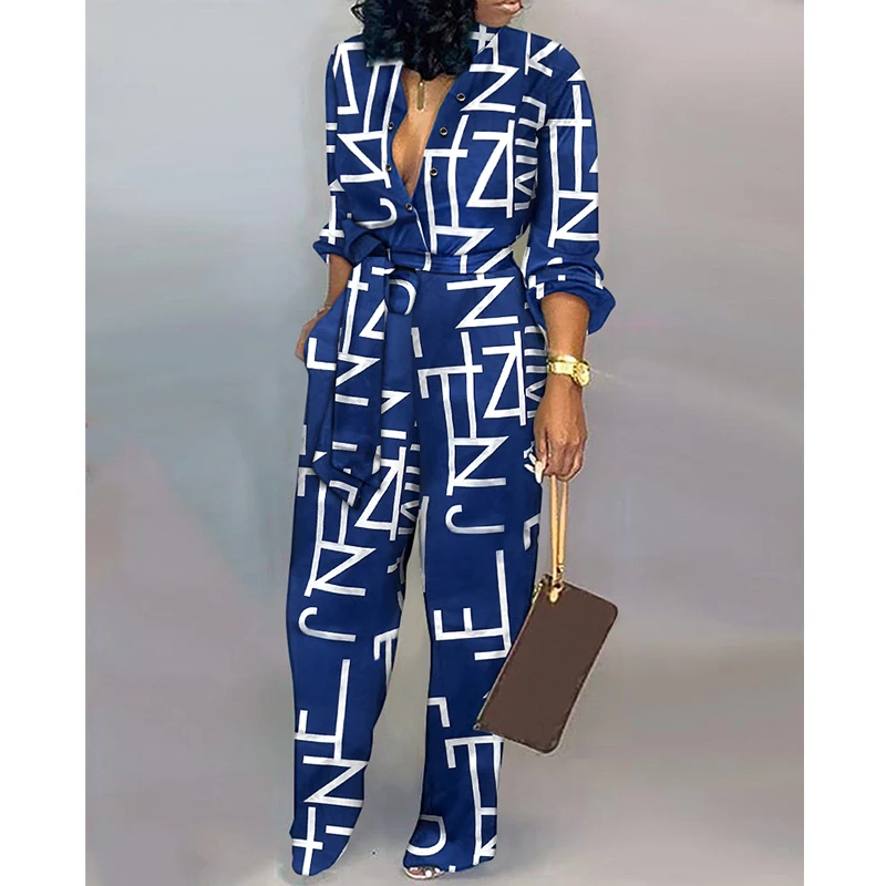 Summer Women Fashion Sexy Long Sleeve Button Pocket Turn-down Collar Letter Print Button Front Belted Jumpsuit With Belt
Summer Women Fashion Sexy Long Sleeve Button Pocket Turn-down Collar Letter Print Button Front Belted Jumpsuit With Belt