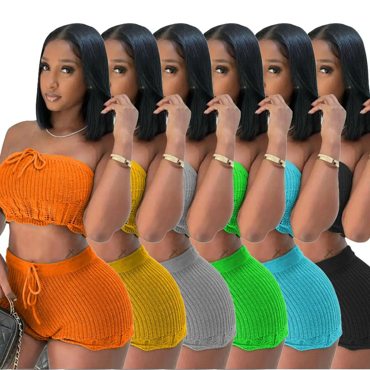 Versatile And Fashionable Daily Temperament Spring And Summer High Waisted Slim Fitting Mini New Solid Color Bra Knit Two-piece 
Versatile And Fashionable Daily Temperament Spring And Summer High Waisted Slim Fitting Mini New Solid Color Bra Knit Two-piece