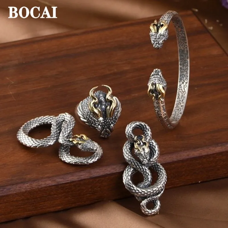 

New Real S925 Silver Jewelry Accessories Retro Fashion Dragon Coil Snake Winding Pendant /Ring/ Bracelet Set for Men and Women